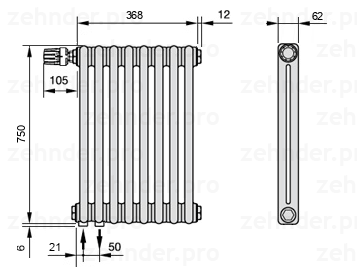 Схема (чертеж) Радиатор Zehnder Charleston 2075/8 №V001 Белый глянцевый RAL 9016